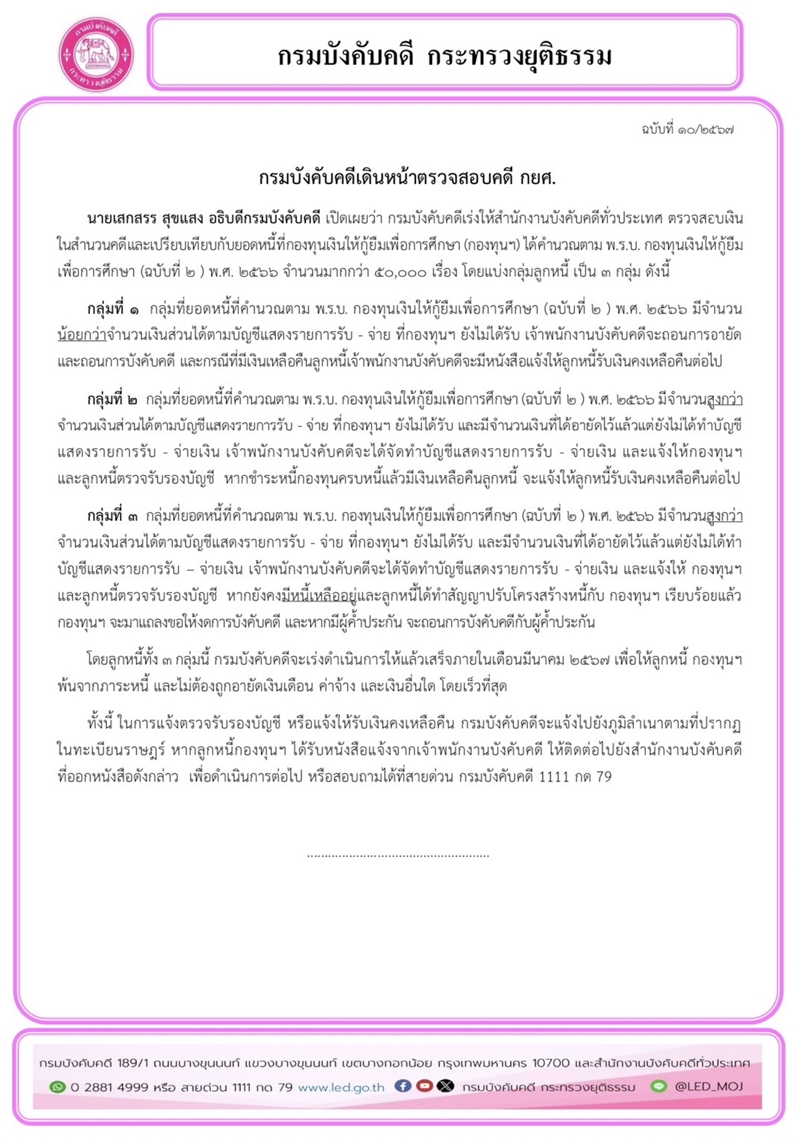 กรมบังคับคดีเดินหน้าตรวจสอบคดี กยศ.